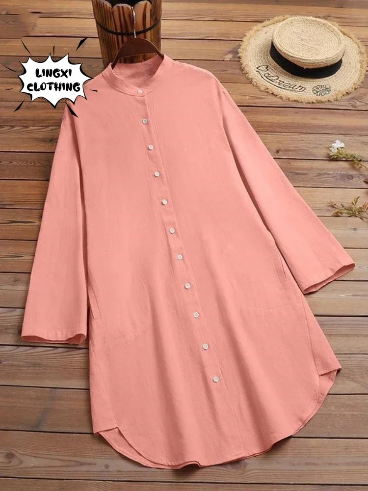 Fashion Elegant Solid Cotton Linen Womens Shirt Single Breasted Round Neck Casual Style Mid Length Shirt 250402