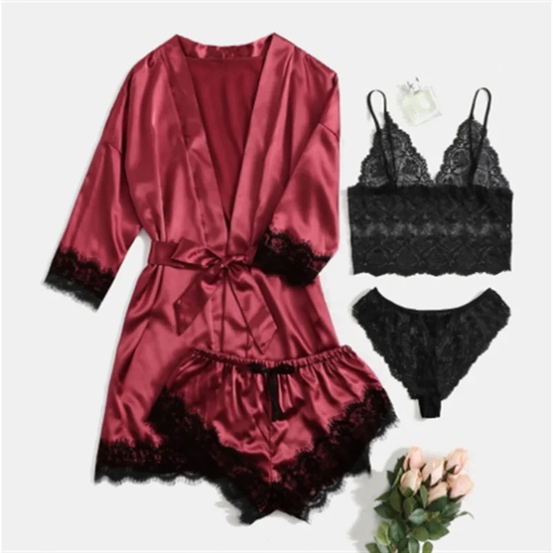 Summer selling womens sleepwear set lace four piece sling casual and comfortable 250313