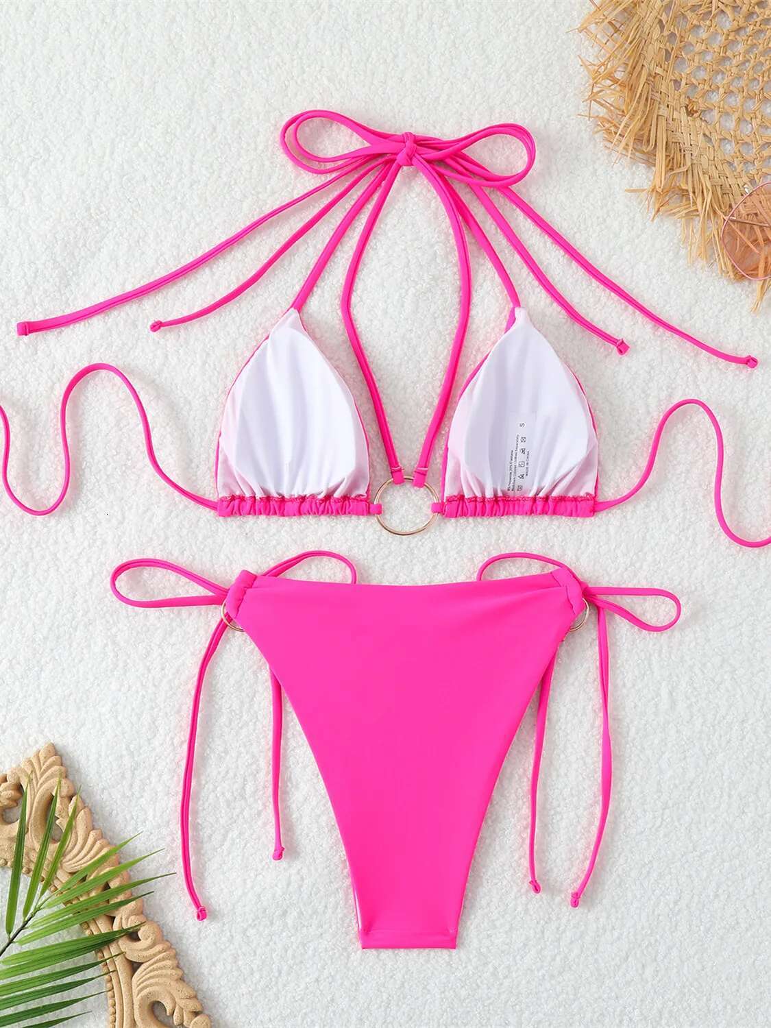 Dongdumaoyi Sexy Micro Bikini Women Hot Pink Metal Ring Linked Push Up Swimsuit Summer Bathing Suit Tie Side Thong Swimwear Biquini