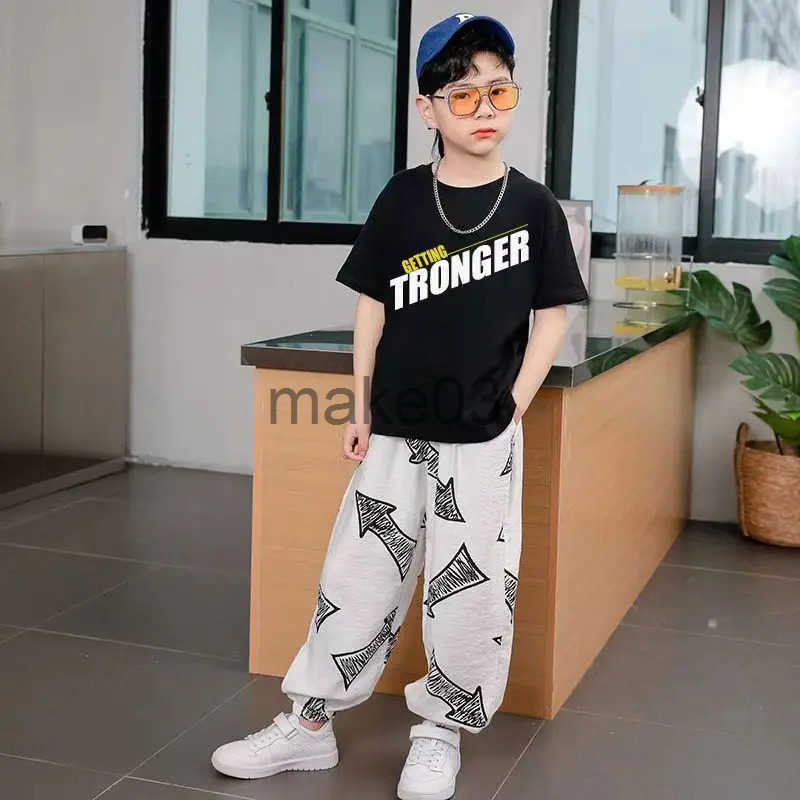 Boys set summer short sleeved T-shirt+loose pants 2PCS hip-hop childrens clothing for teenagers 8 10 12 14 years old J250403GR0X