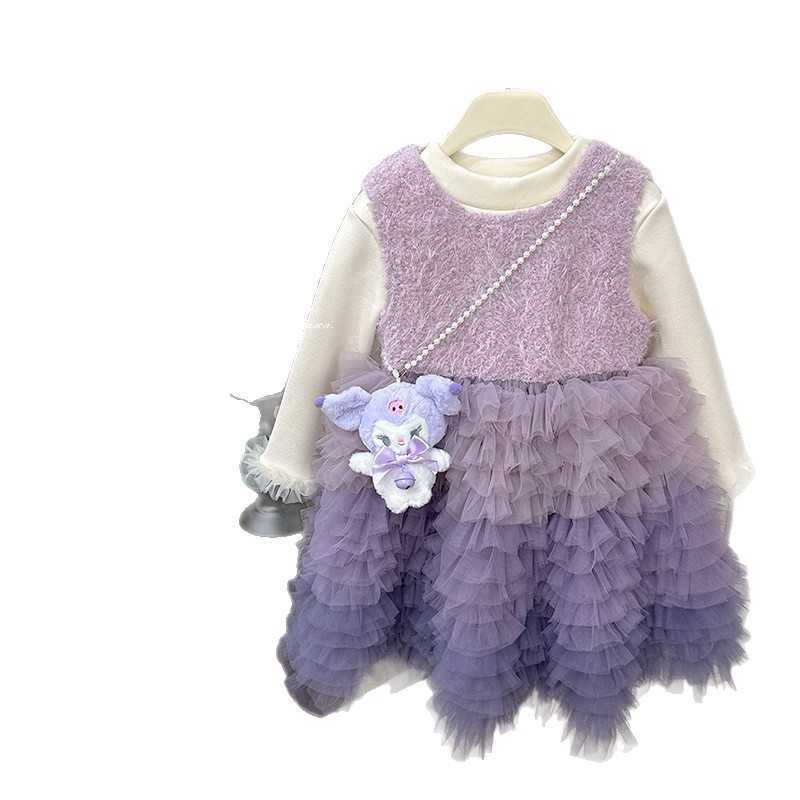 Girls' dress 2025 winter pink gradient mesh dress with fleece lining; doll solid color dress. L251107