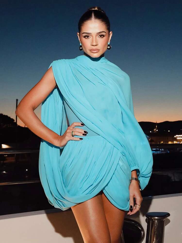 Kliou Mesh Irregular Women Mini Dress Solid Thin Single Sleeve O-Neck Cross Pleated Bodycon Mujer Unique High Street Party Frock