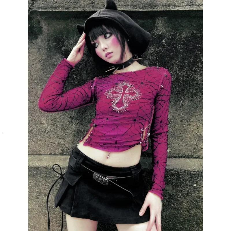 Sexy girl slim suitable for iron diamond cross highquality long sleeved Tshirt women Harajuku casual Gothic top 250407