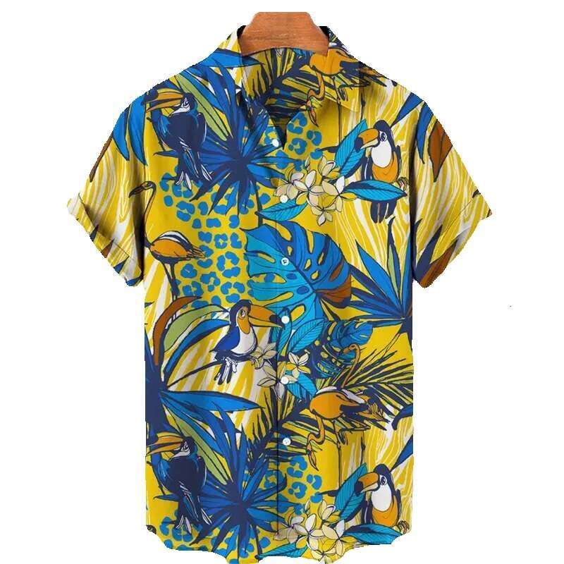 TRCALE Jungle Pink Flamingo Printed Hawaiian Men's Shirt, Summer Short Sleeve Top, Haruku, Collar Button, Loose Shirt