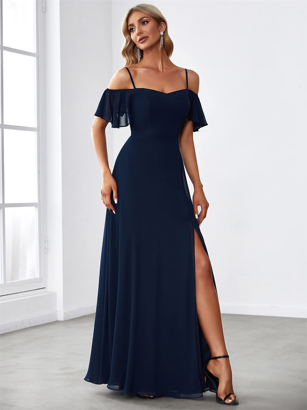 Long Prom Dresses Elegant Off-the-Shoulder Spaghetti Chiffon Split A-Line Floor-Length Plus Size Formal Occasion Evening Party Gown Pd07