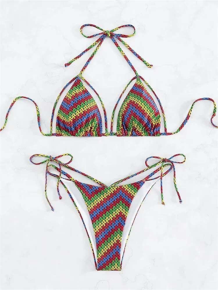 Dongdumaoyi Sexy Neon Contrast Stripe Bikini Women Cut Out Push Up Criss Cross Swimsuit Summer Bathing Suit Tie Side Triangle Swimwear