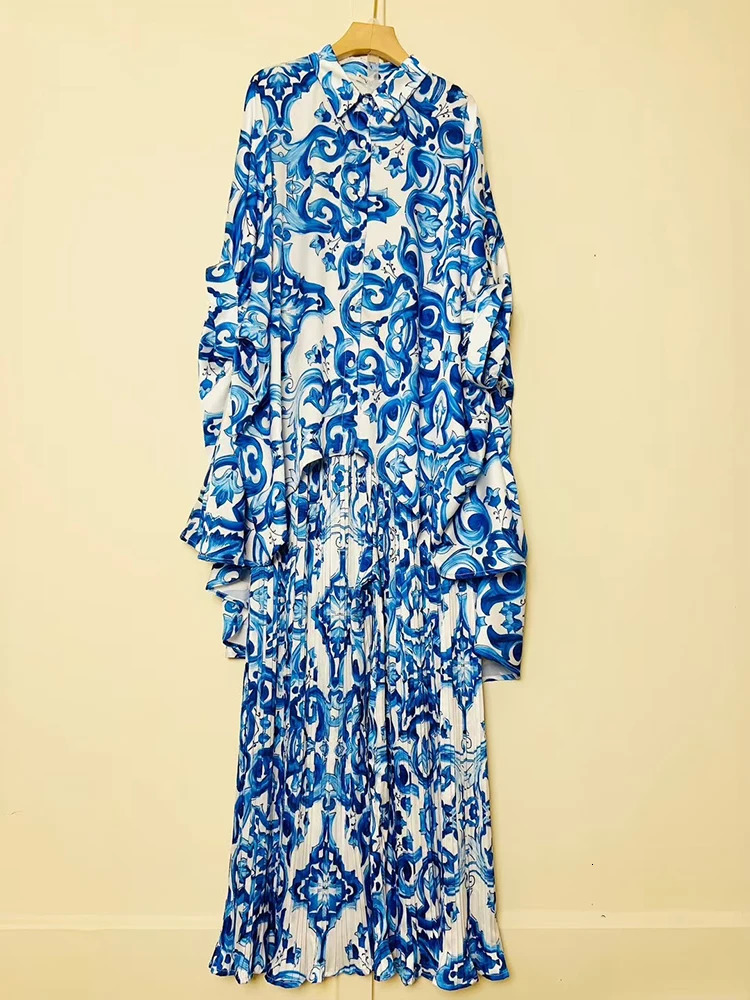 Summer Womens Retro Geometric Printed Loose Irregular Shirt Two Piece SetElastic Waist Drop Fold Wide Leg Mens Set 250407