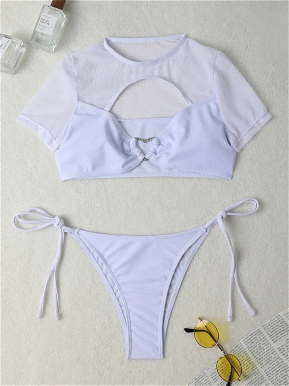 Dongdumaoyi Sexy Swimsuit Women Bikinis Black Mesh Short Sleeve Rhinestone Heart Designer Push Up Bikini Bathing Suit Thong Swimwear