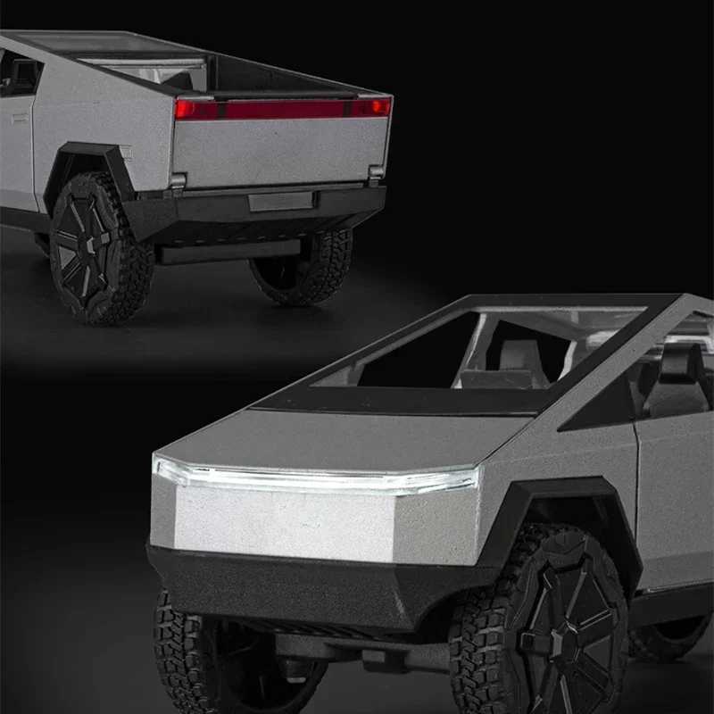 1 24 Tesla Cyber Truck Pickup Alloy Car Model Die Casting Metal Toy Off road Vehicle Model Simulating Sound and Light Childrens GiftXJ250407