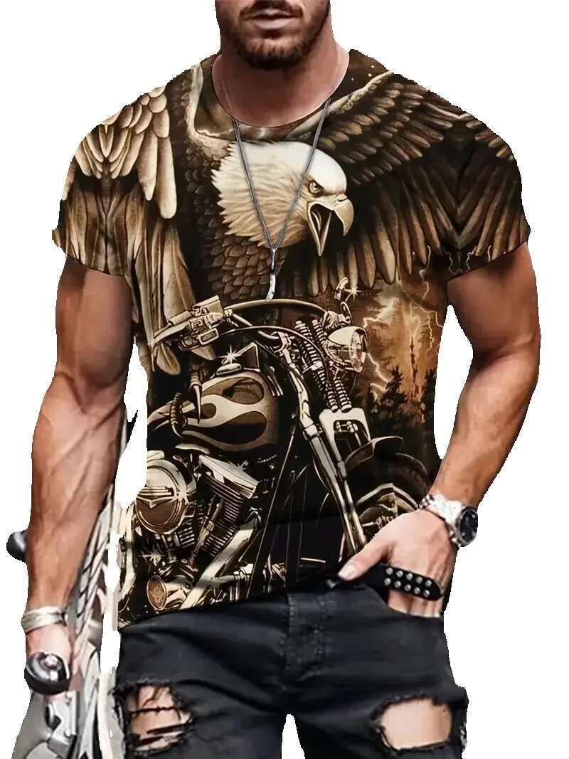 Men's 3D printed short sleeved T-shirt, round neck top, retro fashion, motorcycle pattern, breathable street trend, new, 2024