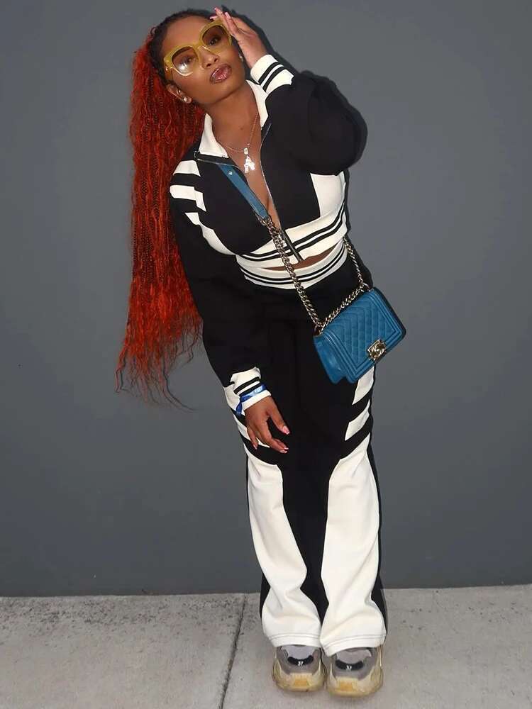 Kliou Striped Casual Women 2 Piece Set Matching Fall Long Sleeve Zip-Up Lapel Tops+Elastic Waist Straight Pants Mujer Tracksuits