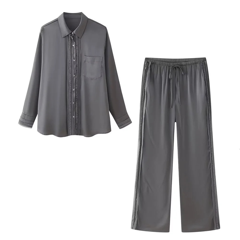 UNIZERA Summer Product Womens ed Beaded Decorative Silk Satin Texture Shirt High Waist Pants Set 250407