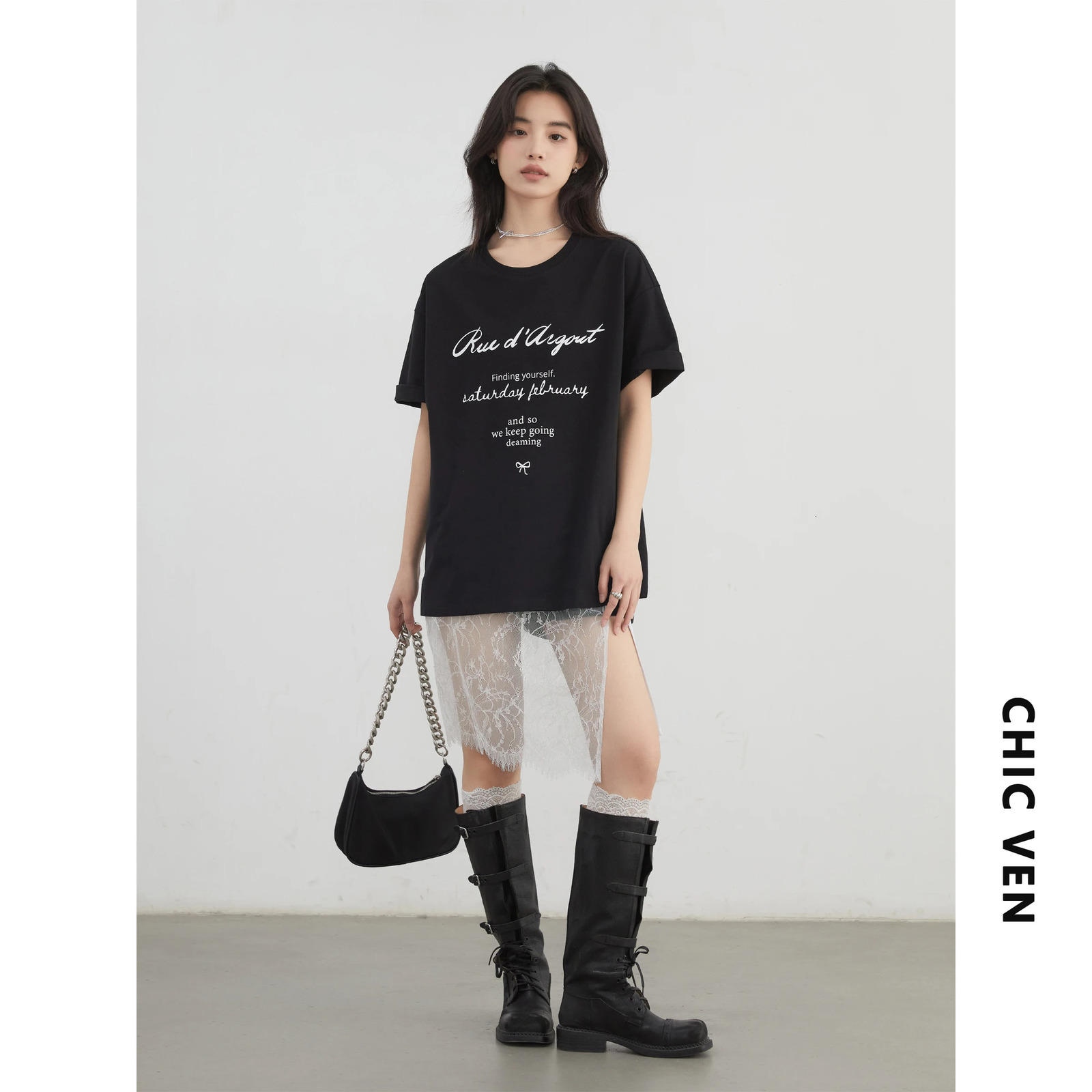 CHIC VEN Womens Tshirt Loose Casual Oneck Short sleeved Letter printed Top SpringSummer 250407