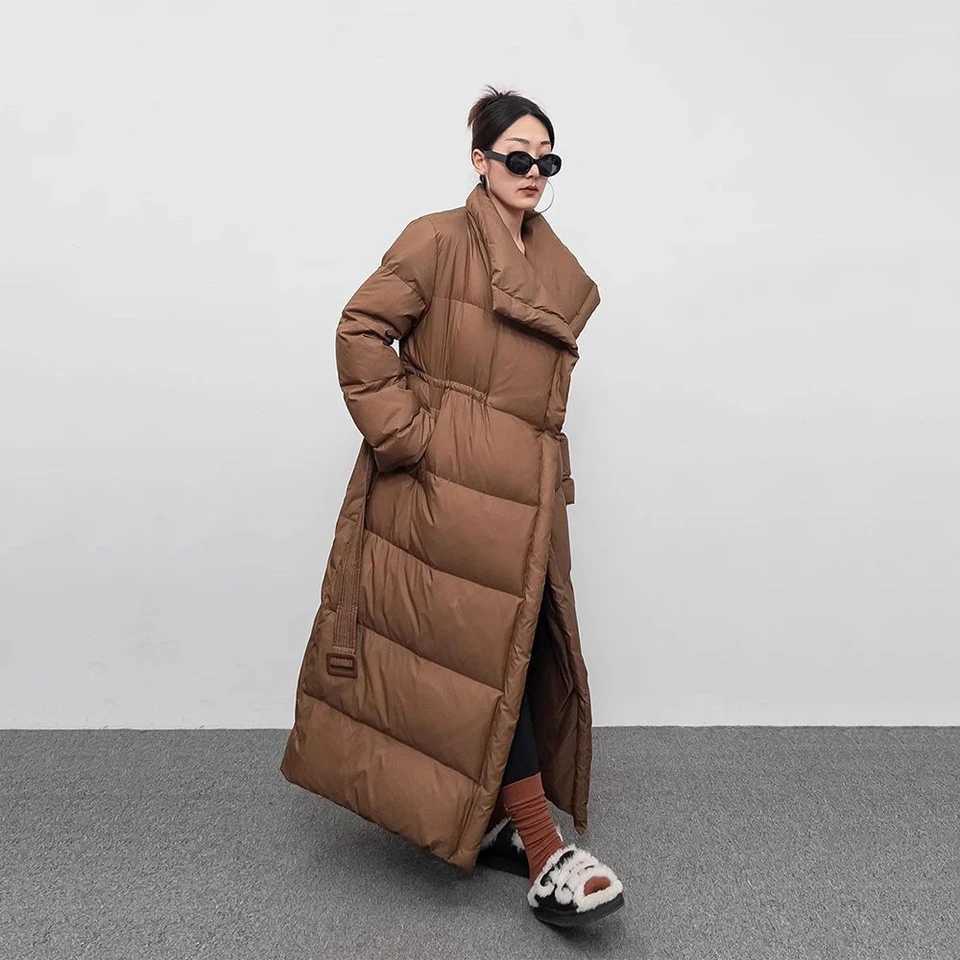 Winter Large Lapel Long Down Jacket Overcoat Women 90 White Duck Down Loose Kn Length Bread Cotton Quilt Jacket Warm Down Coat S251127