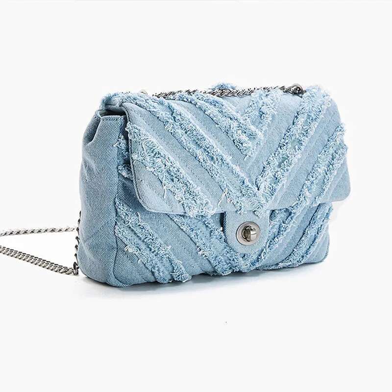 Fashion Women's Shoulder Denim Quilted Totes Bags Retro Blue Jeans Chain Female Flap Handbag