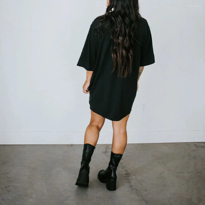 Women's T Shirts Combhasaki Women Glitter Sequined Loose Fit T-Shirt Dress Short Sleeve Round Neck Letter Print Oversized Tops Party