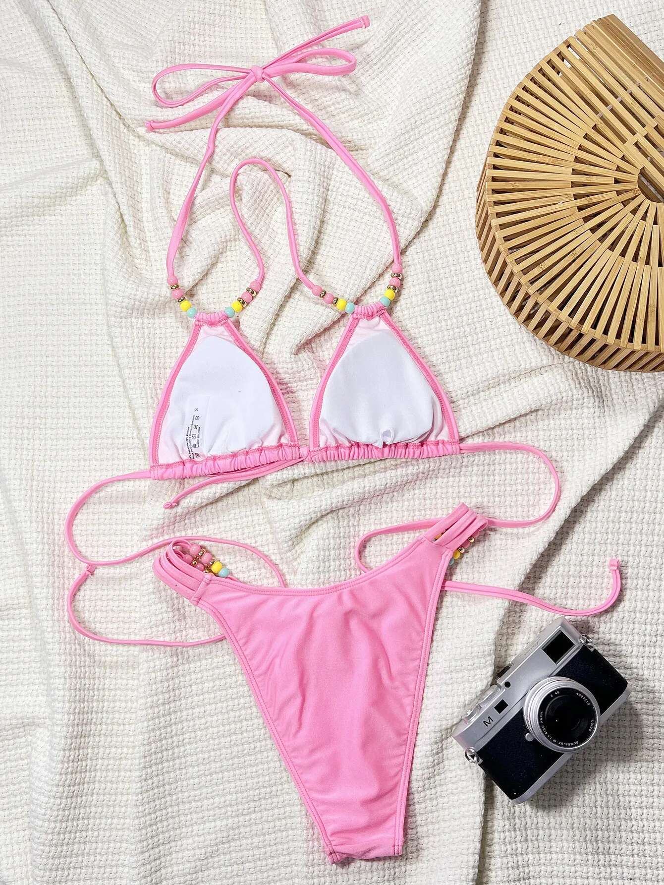 Dongdumaoyi Pink Colorful Bead Bikini Set Women Sexy Push Up Bandage Cross Hollow Out High Waist Swimsuit Beach Bathing Suit Swimwear