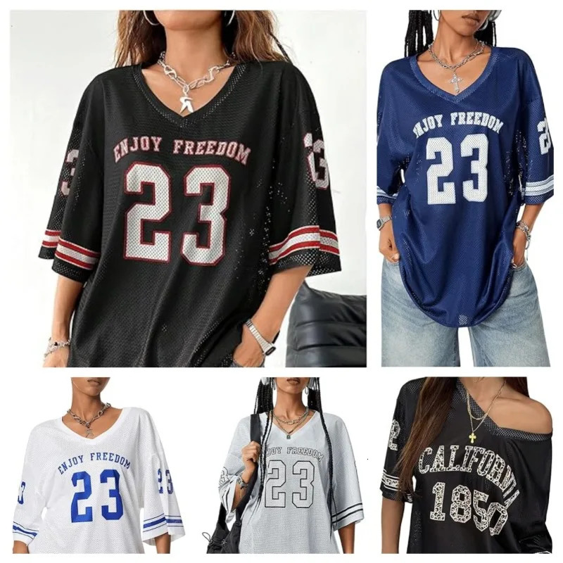 Summer 23 Print Tshirt for Womens Vneck Mesh Comfortable and Breathable Football Sports Wear Y2K Loose Large Size Clothing 250407