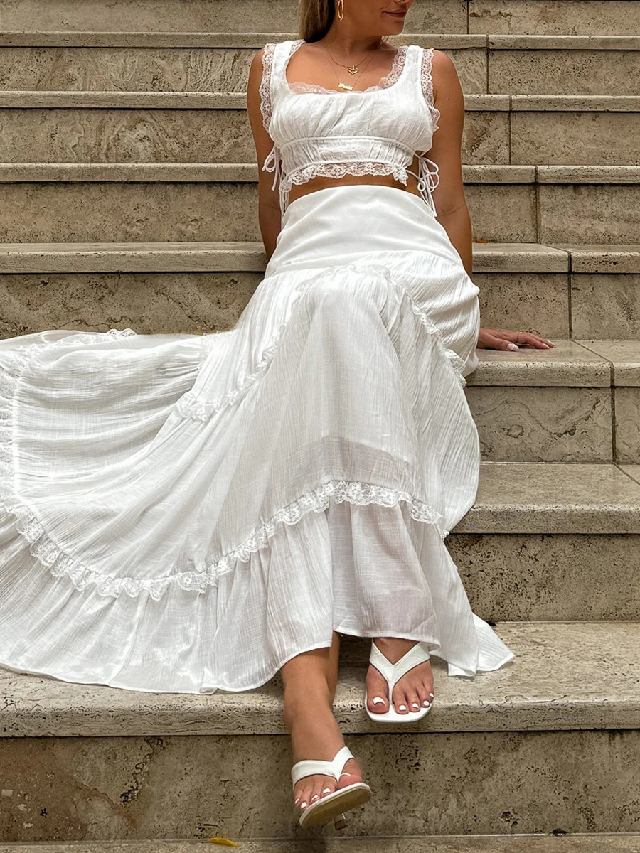 y2k Boho 2 Piece Outfits for Women Lace Trim Sleeveless UNeck Tank Tops with Long Skirt Set Beach Party Clothes 250313