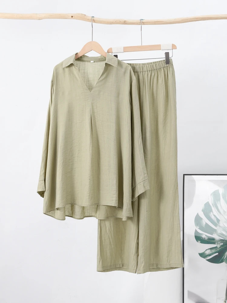 Casual Cotton Linen 2-piece Womens Loose Long Sleeve Shirt Wide Leg Pants Spring/Summer Solid Womens Clothing 250401