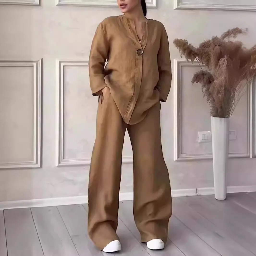 Cotton linen set of 2 pieces selling casual long sleeved button down loose shirt and high elasticity wide leg loose pants set NMD-3021 250401
