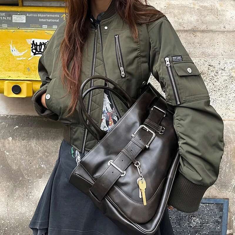 Vintage Belt Underarm Women Genuine Leather Key Buckle Punk Shoulder Bags 2025 High Street Girls Hangbags