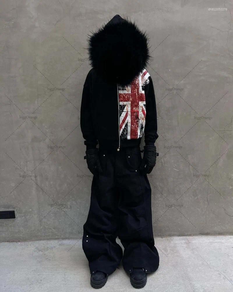 Men's Hoodies Black Printed National Fur Collar Oversized Hoodie Men Street Retro Clothing High Trendy Brand Zipper Sweatshirt