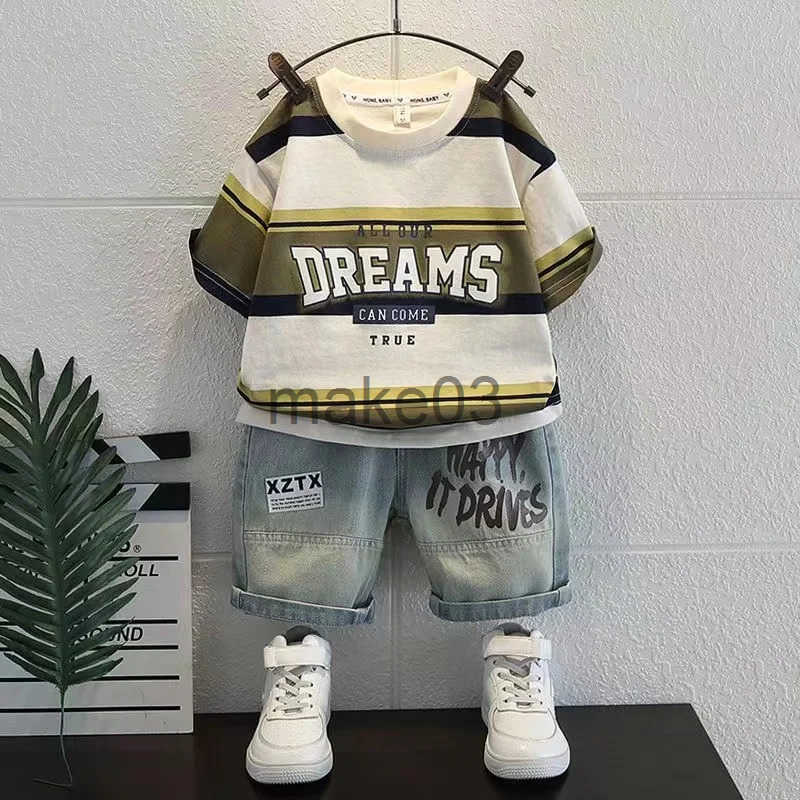 Short sleeved summer striped letter shirt jeans 2-piece baby boy clothing fashion mid size sportswear childrens set J250403