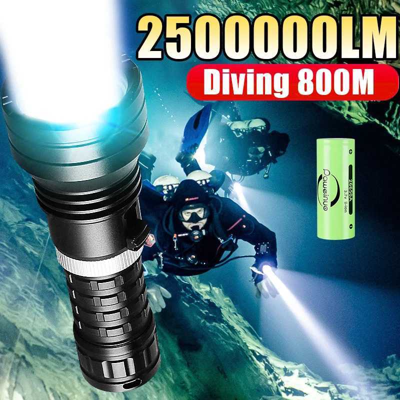 High Power LED Diving Flashlights IPX8 Waterproof Dive Torch Rating Professional Diving Light 26650 Flashlight With Hand RopeW251106