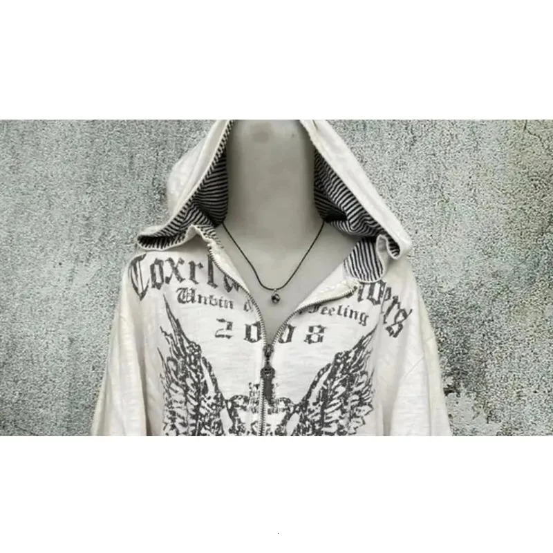 Y2k Emo womens retro streetwear letter printed hoodie punk zipper graphic oversized sportswear gothic Harajuku Alt clothing 250403