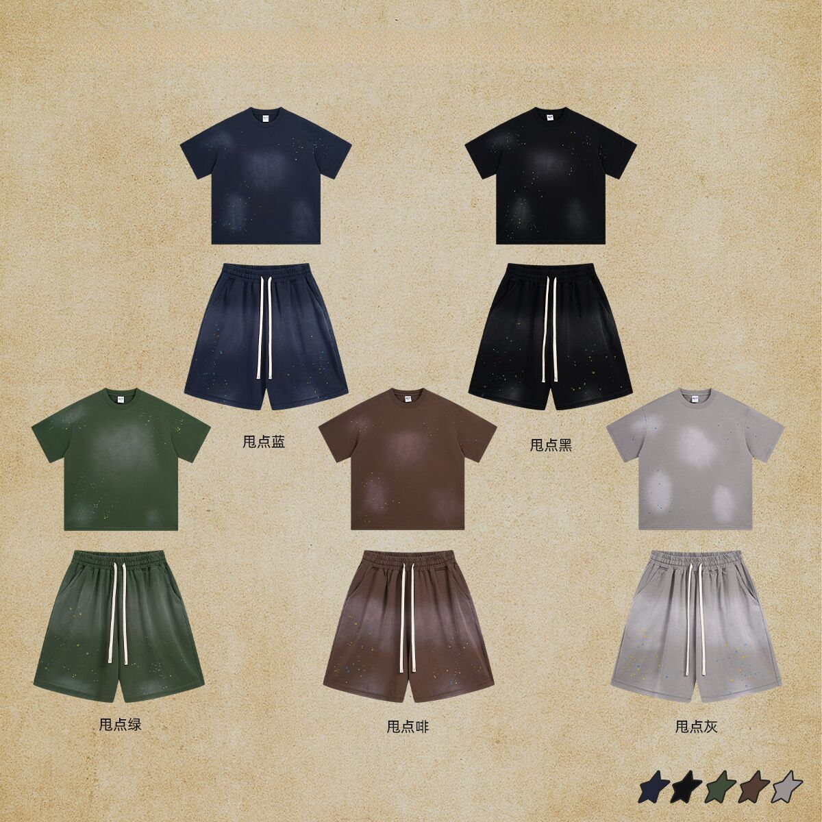 Chain Wear | 2025 Trendy Brand High Street Spring/Summer Men's and Women's Set Spray Horse Willow Ink Splash Short Sleeve Shorts