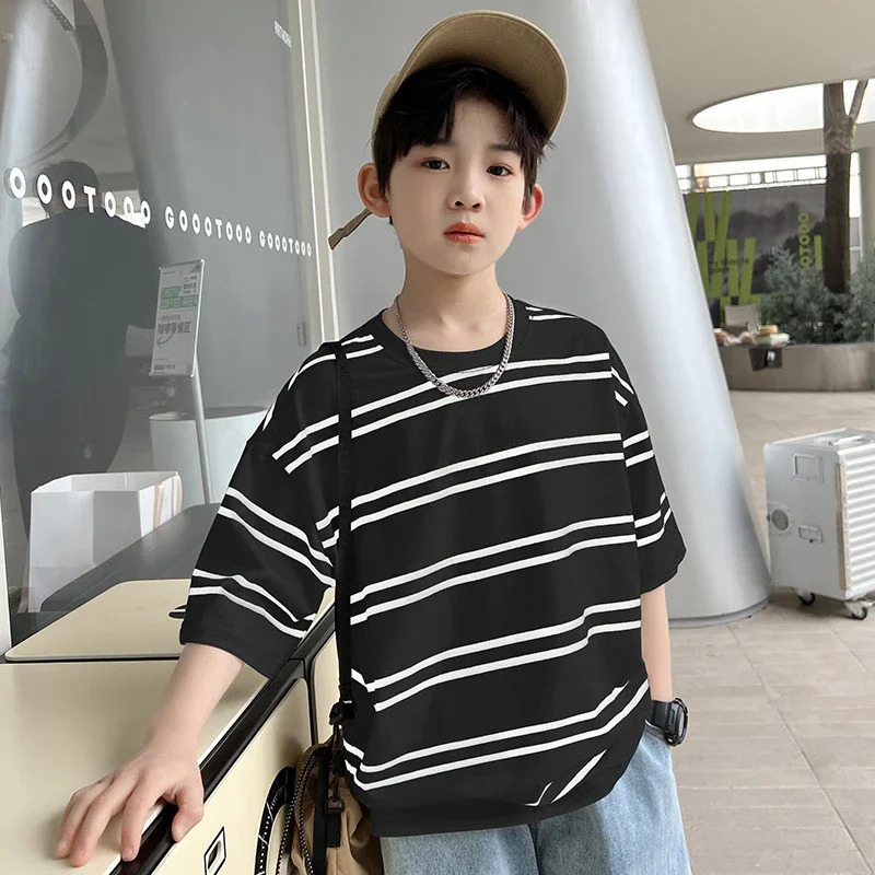 Summer Childrens Clothing Korean Style Boys Short-sleeved T-shirt Childrens Half-sleeved Striped Top Sportswear T-shirt 250407