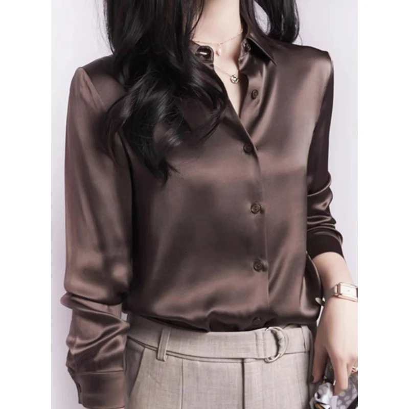 Summer Trend Fashion Womens Casual Elegant Satin Long Sleeve Shirt Office Womens Shirt and Tight Womens Clothing 250402