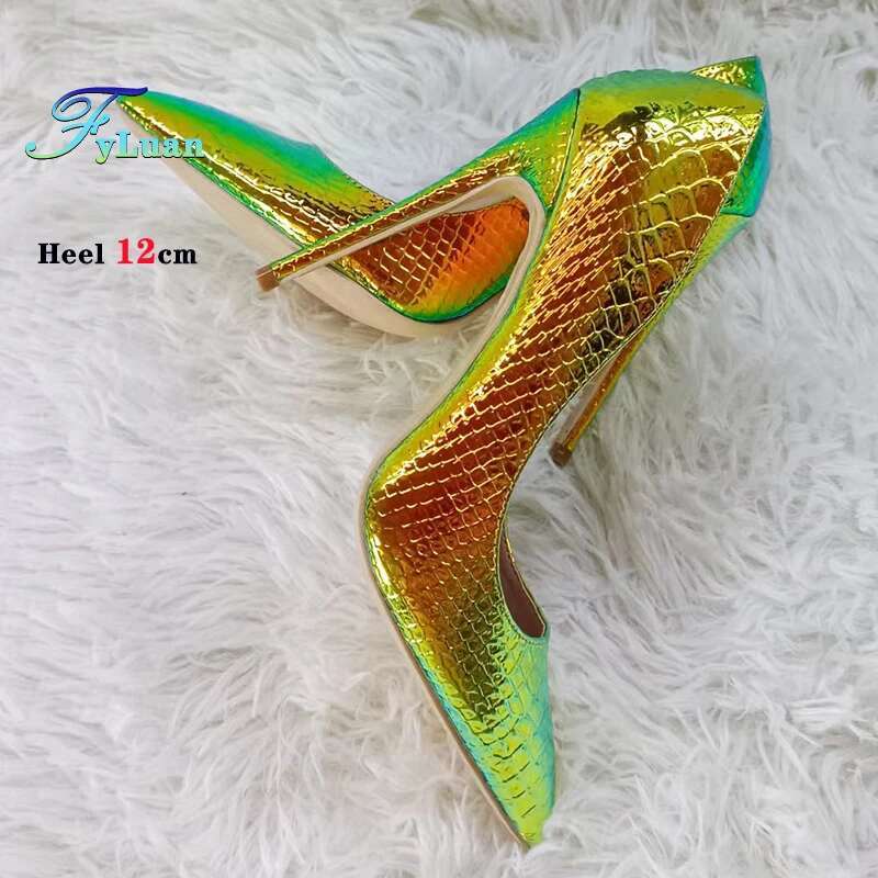 Fashion Pointed Women Thin High Heels Summer Snake Patted Single 6-12Cm Holographic Laser Party Shoes Elegant Female Pumps