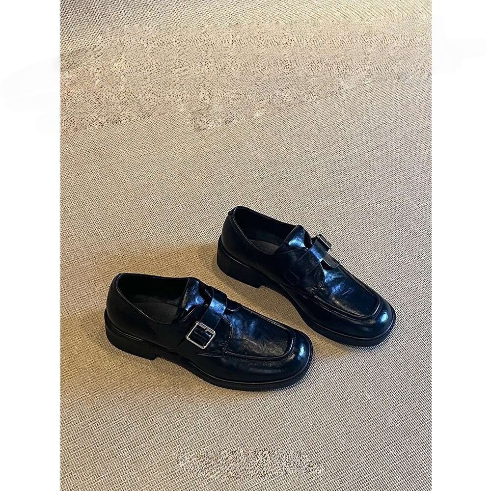 Square Toe Belt Buckle Small Leather For Women 2025 Thick Heel Free shipping College Style Loafers Lazy Versatile Single Shoes