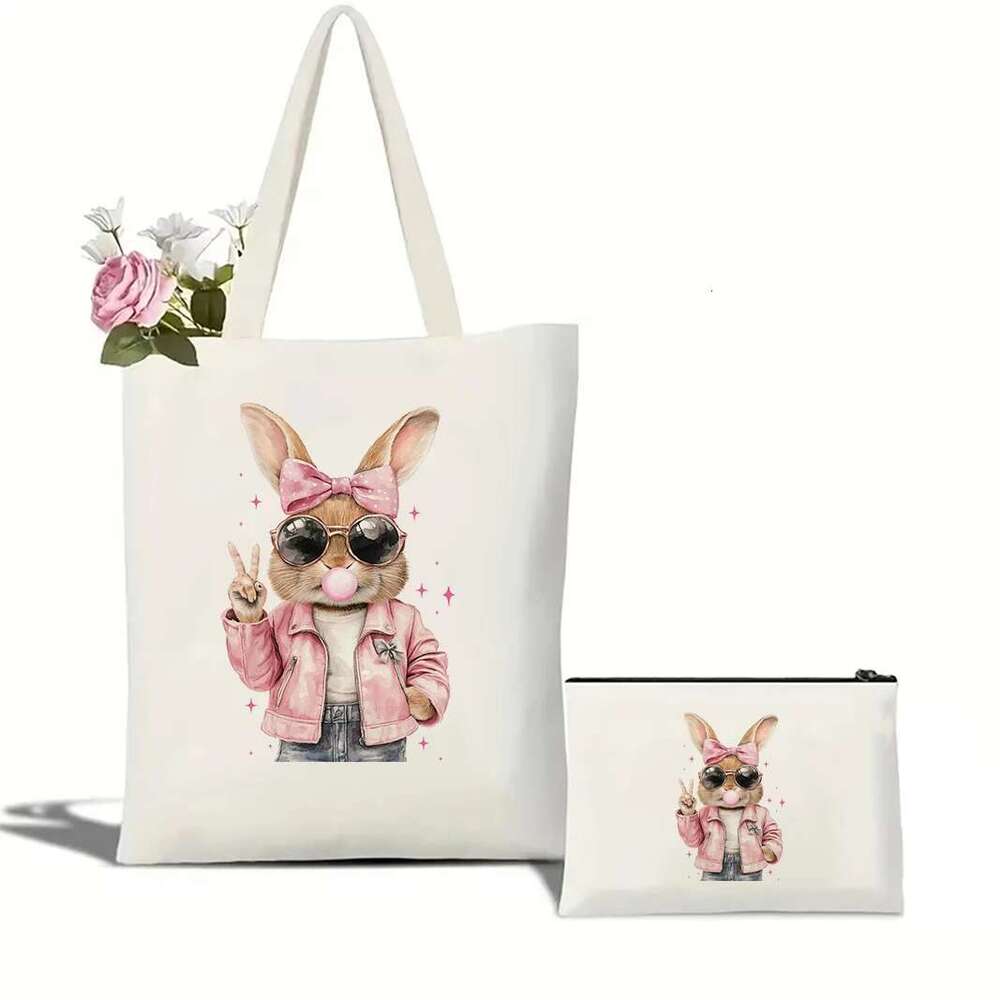 Canvas Tote Retro Vintage Happy Shopping Bag Girly Funny Bunny Sunglasse Easter Holiday Schoolbag