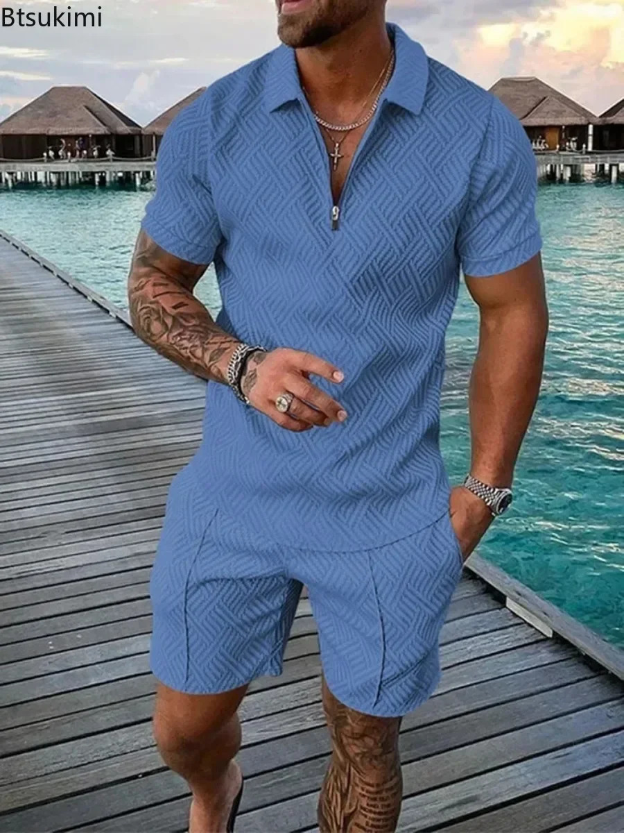 Mens solid half zipper short sleeved polo shirt 2piece set 3D printed fashionable casual sportswear streetwear oversized summer item 250313