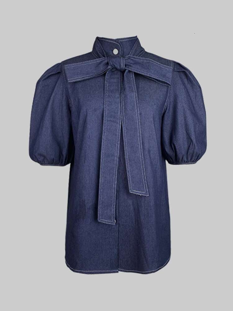 Gymystars Trendy Woman Clothes Imitation Denim Blouse Tops Elegant Puff Sleeves Bow-Embellished High Neck Summer Office Shirts