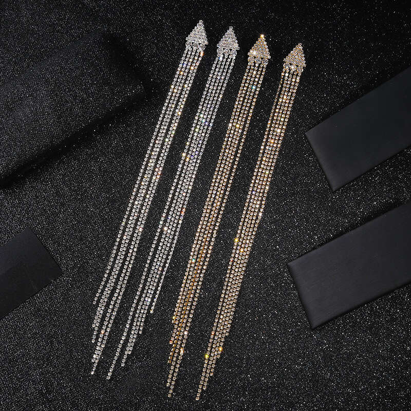 S Sier Needle Triangle Water Dia Exaggerated Extra Long tassels, Irregular hot Claw Chain Earrings, Simple and Skinny Style