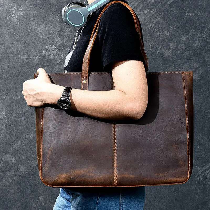 Vintage Crazy Horse Handbag For Women Big Capacity Cowhide Tote Soft Cow Leather Shoulder Bag Female Large Travel Bags