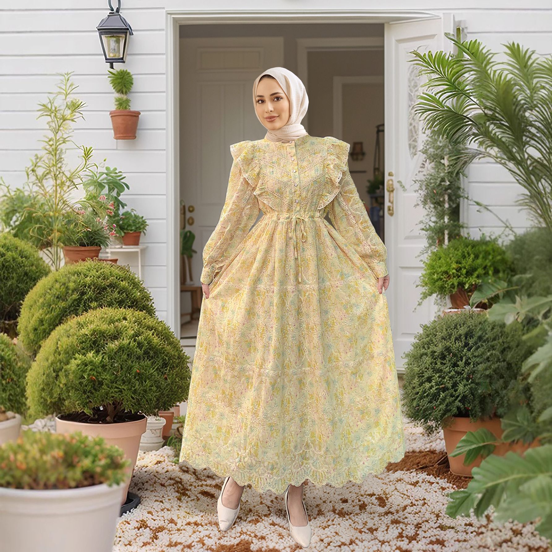 M Muslim New With Hollowed Out Embroidery And Ruffle Edge Patchwork Lace Floral Dress