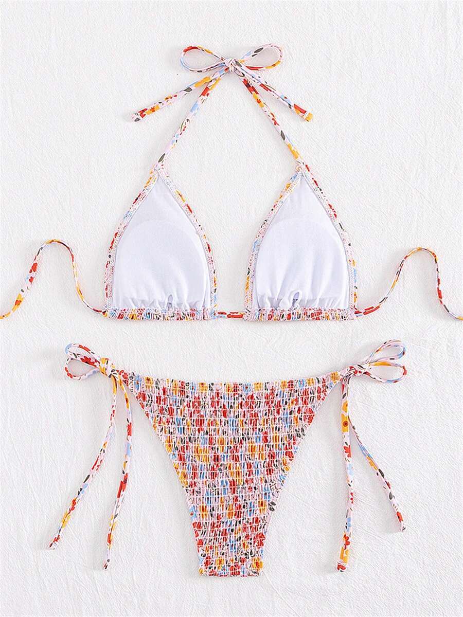 Dongdumaoyi Sexy Pleate Bikinis Sets Women Pink Floral Print Push Up Bra Micro Swimwear Brazilian Bathing Suit Tie Side Thong Swimsuit