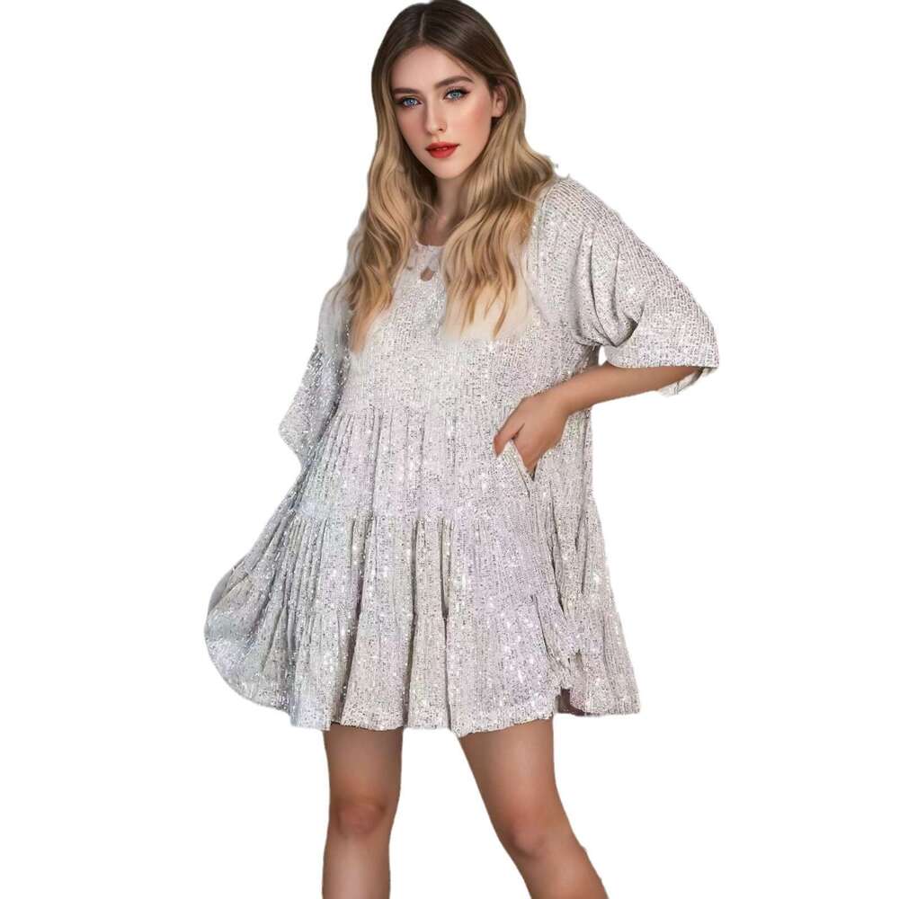 Cross-Border Trade New Fashion Round Neck Loose Waist Sleeve Short Dress Sequin Gown