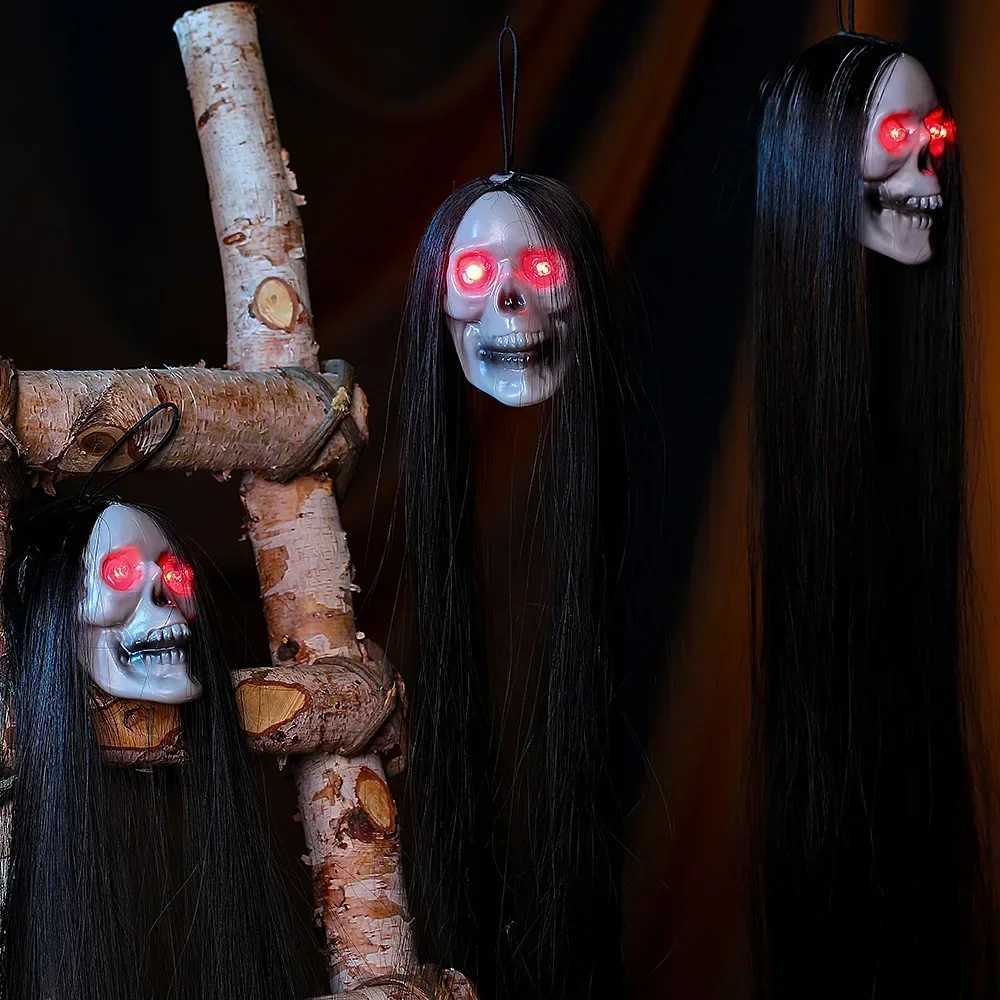 Halloween Hanging Ghost Skull with Long Hair Glowing Eyes Terror Skull Ghost House Head Skeleton Props 2024 Halloween Decoration W251107