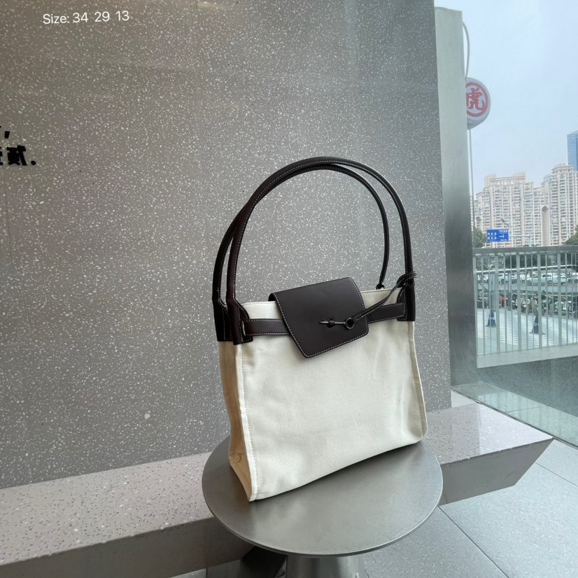 Women 2025 New Product Internet Celebrity Same Color Canvas Splicing Large Capacity Tote Single Shoulder Underarm Bag