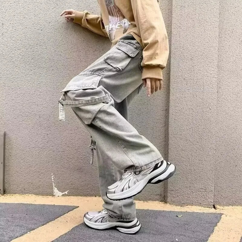 American style streetwear mens jeans with multiple pockets loose straight legs wide legs spring and autumn style pants 250402