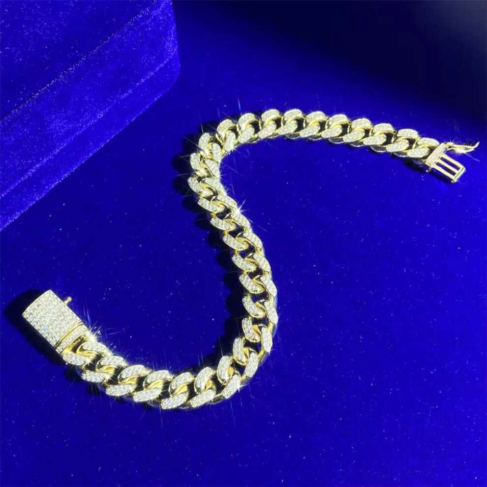 Iced Out 925 Silver Real 14K Yellow Gold Plated Round Cut Moissanite Zircon Diamond Cuban Link Bracelet for Mens