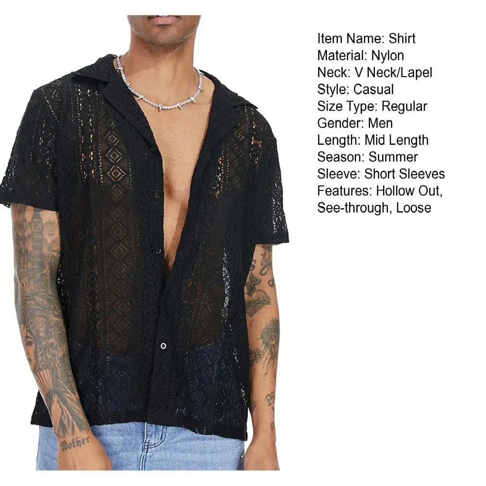 Summer Men Shirt Solid Color Hollow Out Lapel Short Sleeves Single-breasted Men Top Loose Mid-length Lace Male T-shirt 250407