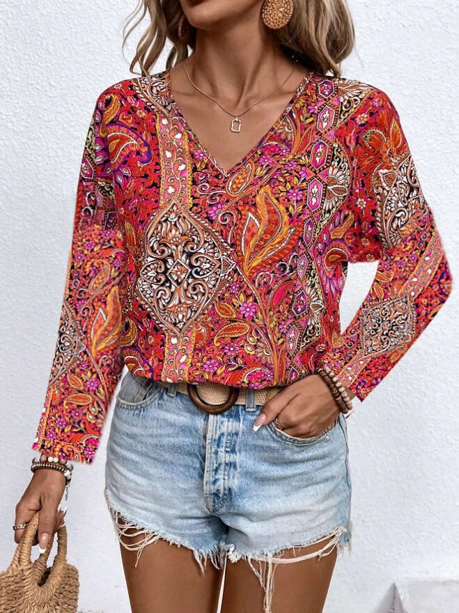 European American Hot selg Boho Paisley Printed V-neck Long sleeved Shirt Women's Wear 2025 New Style Stylish and Elegant Clothing