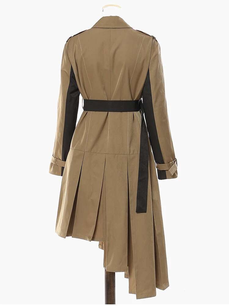 EAM Women Khaki Pleated Big Size Trench New Lapel Long Sleeve Loose Fit Windbreaker Fashion Spring Autumn 2025 1Df2737